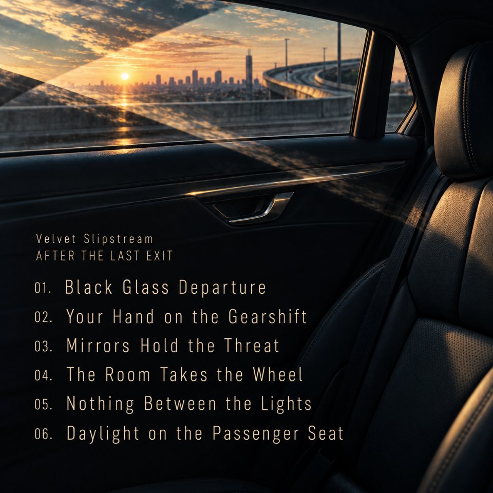 Back cover of the same album, with the six-track tracklist set over the car's rear seat.