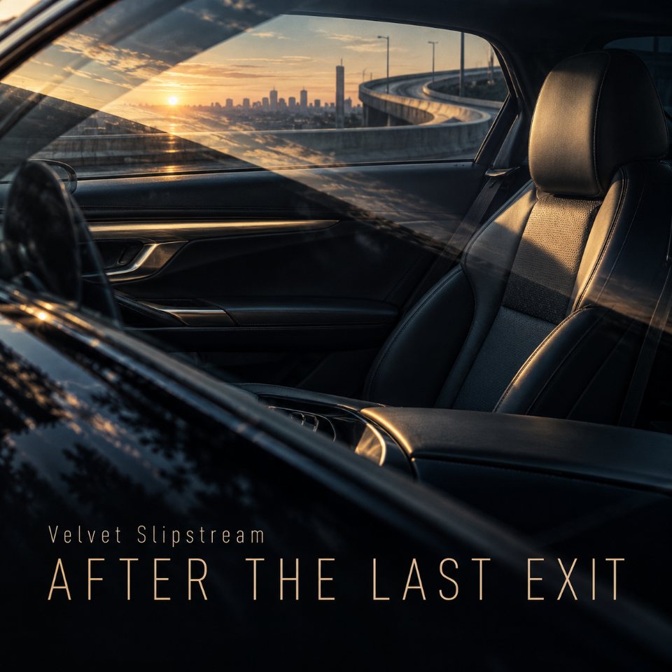 Front cover of After the Last Exit by Velvet Slipstream: a dark car interior at sunset, with a city skyline through the window.
