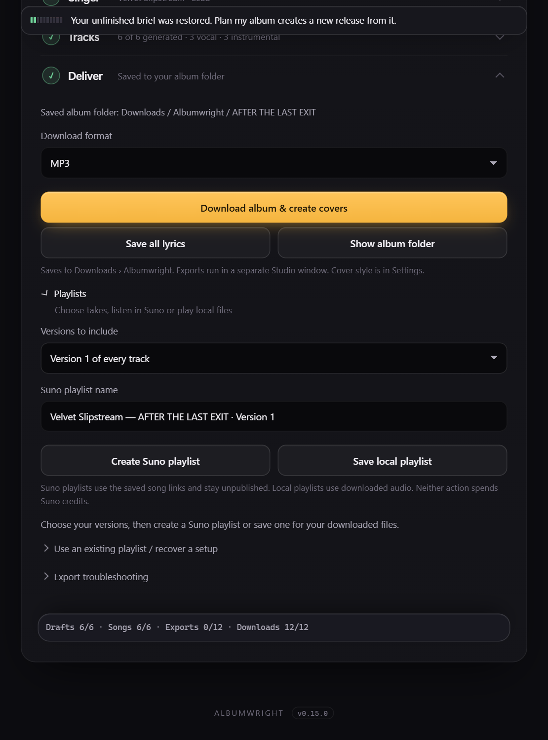 The Deliver step, with the download format, the button that downloads the album and creates covers, and playlist options.