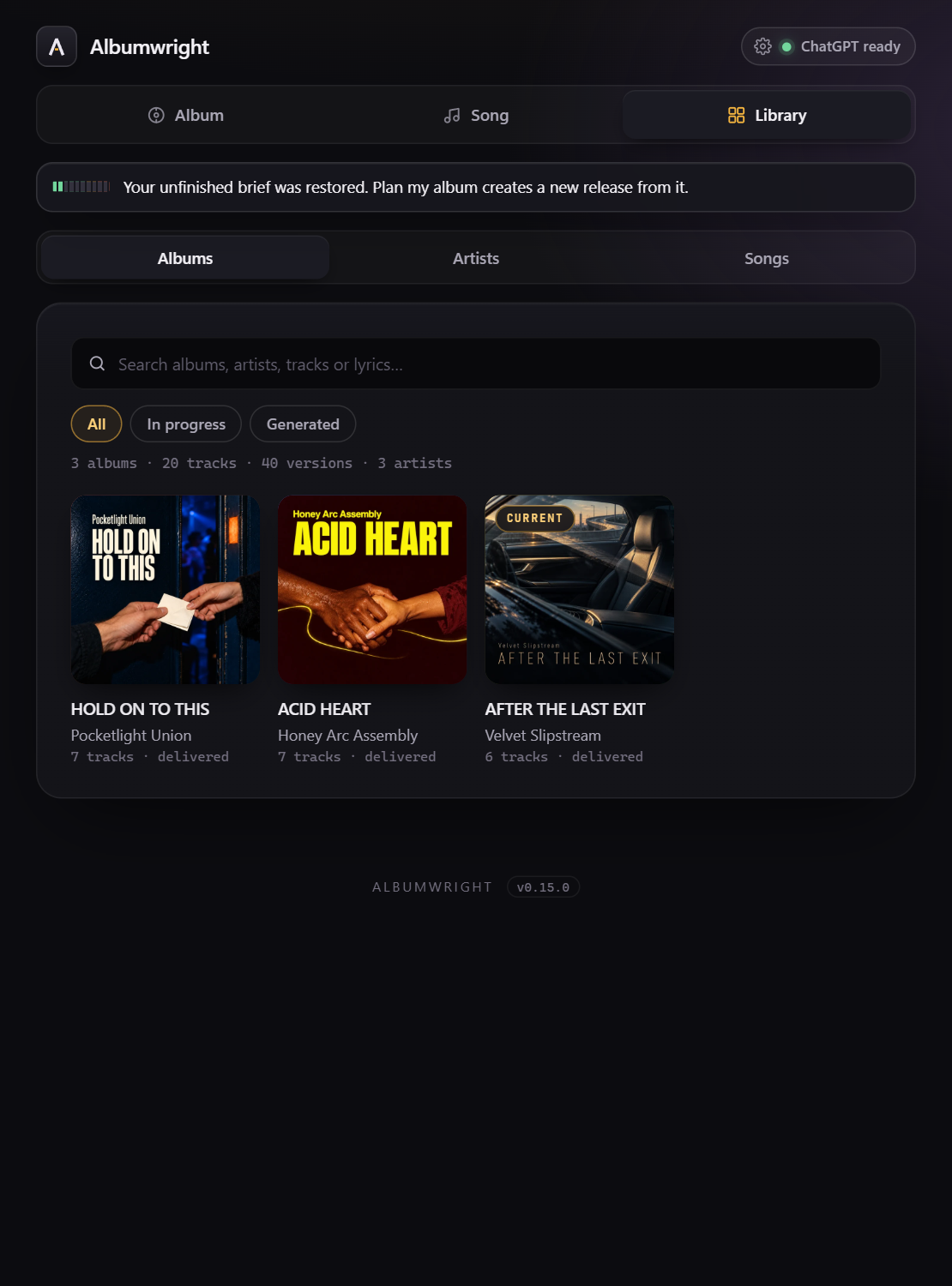 The Library, showing three albums as cover tiles with search and filters above them.
